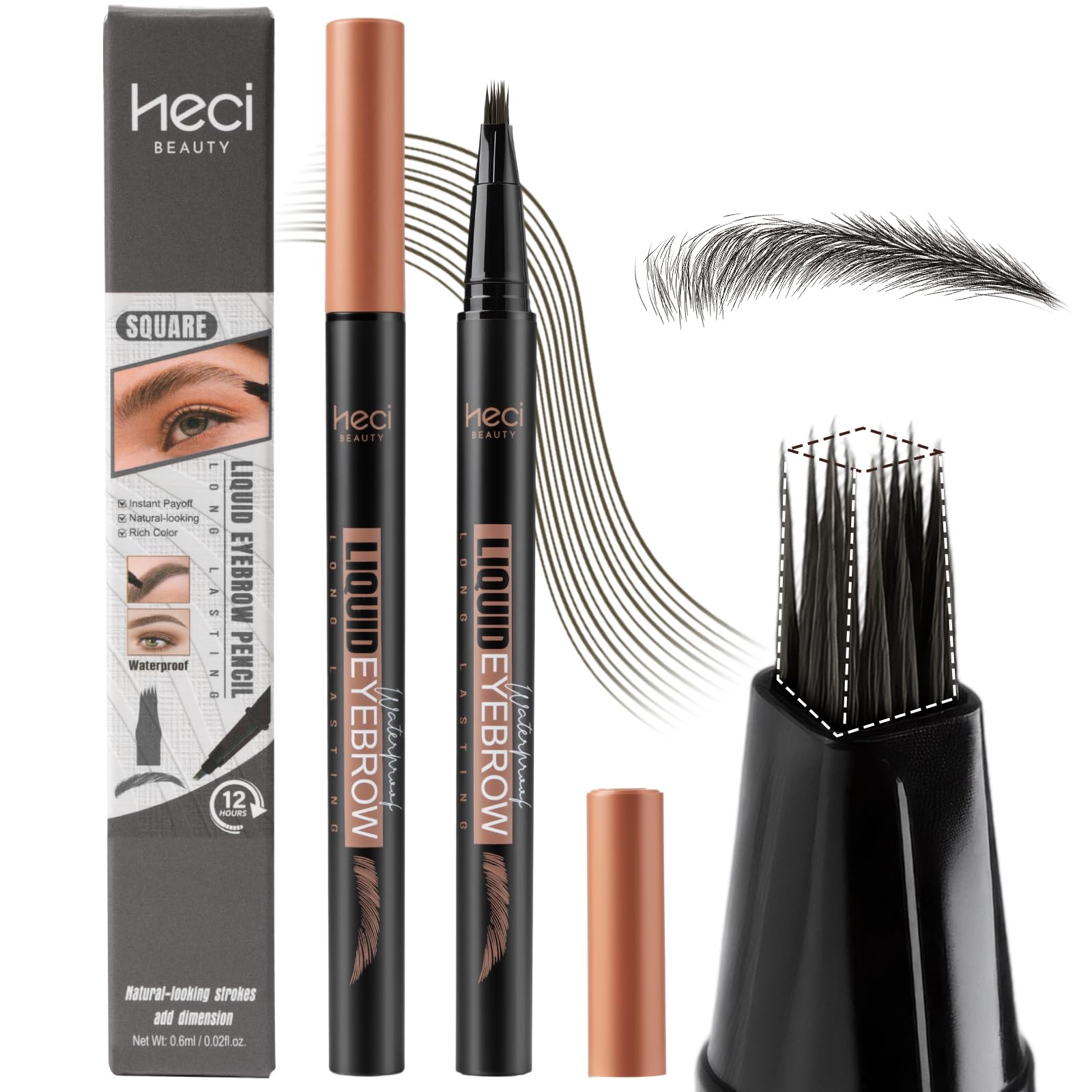 HECI BEAUTY Microblading Eyebrow Pencil - Waterproof Hair Stroke Brush with 3D Fiber Technology | 24HR Smudge-Proof | Natural Looking Brows Filler | Easy Apply & Gifts for Women, Brown