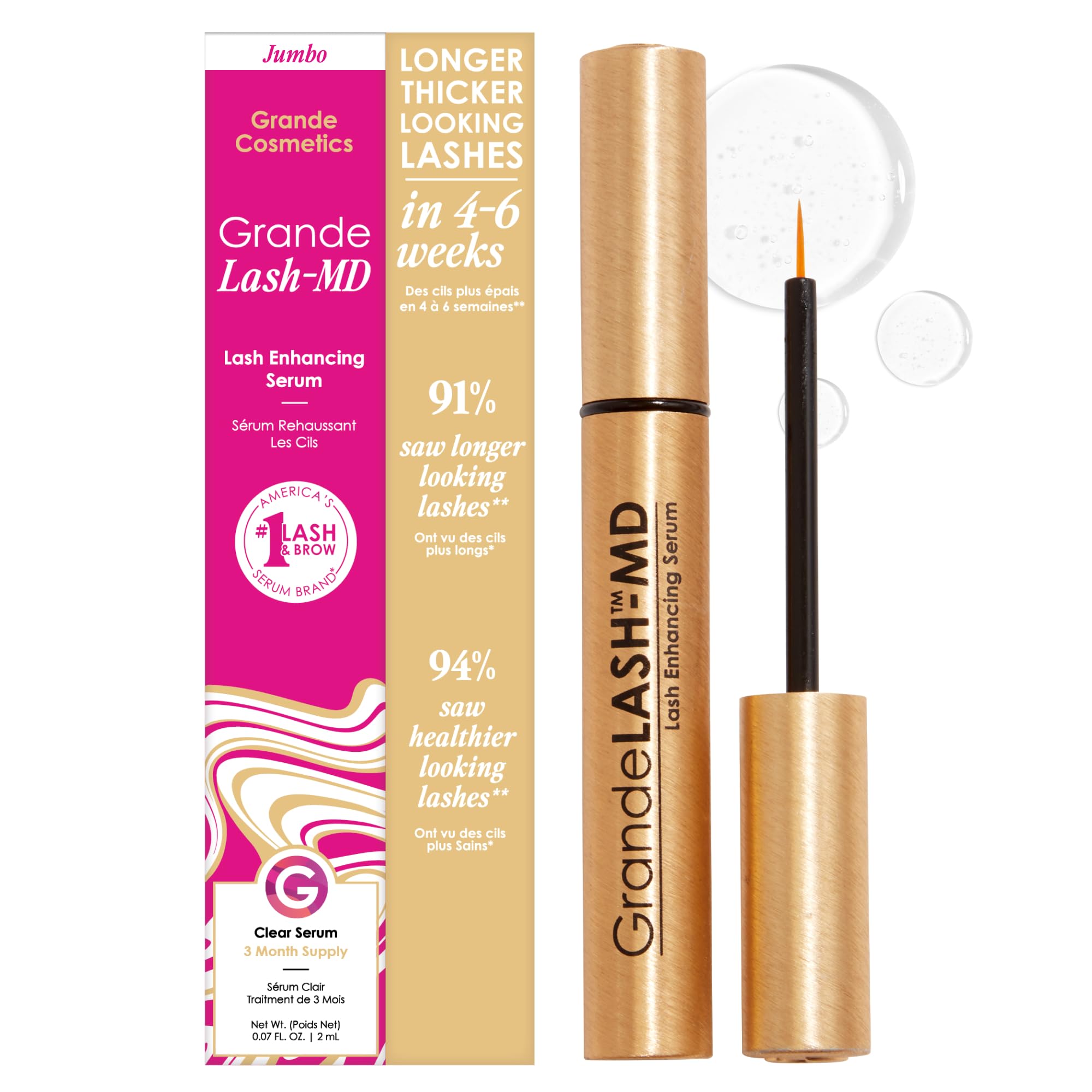 Grande Cosmetics GrandeLASH-MD Lash Enhancing Serum - Peptide & Vitamin Infused Formula for Longer, Thicker, Fuller Looking Lashes - Ophthalmologist Tested, Cruelty-Free