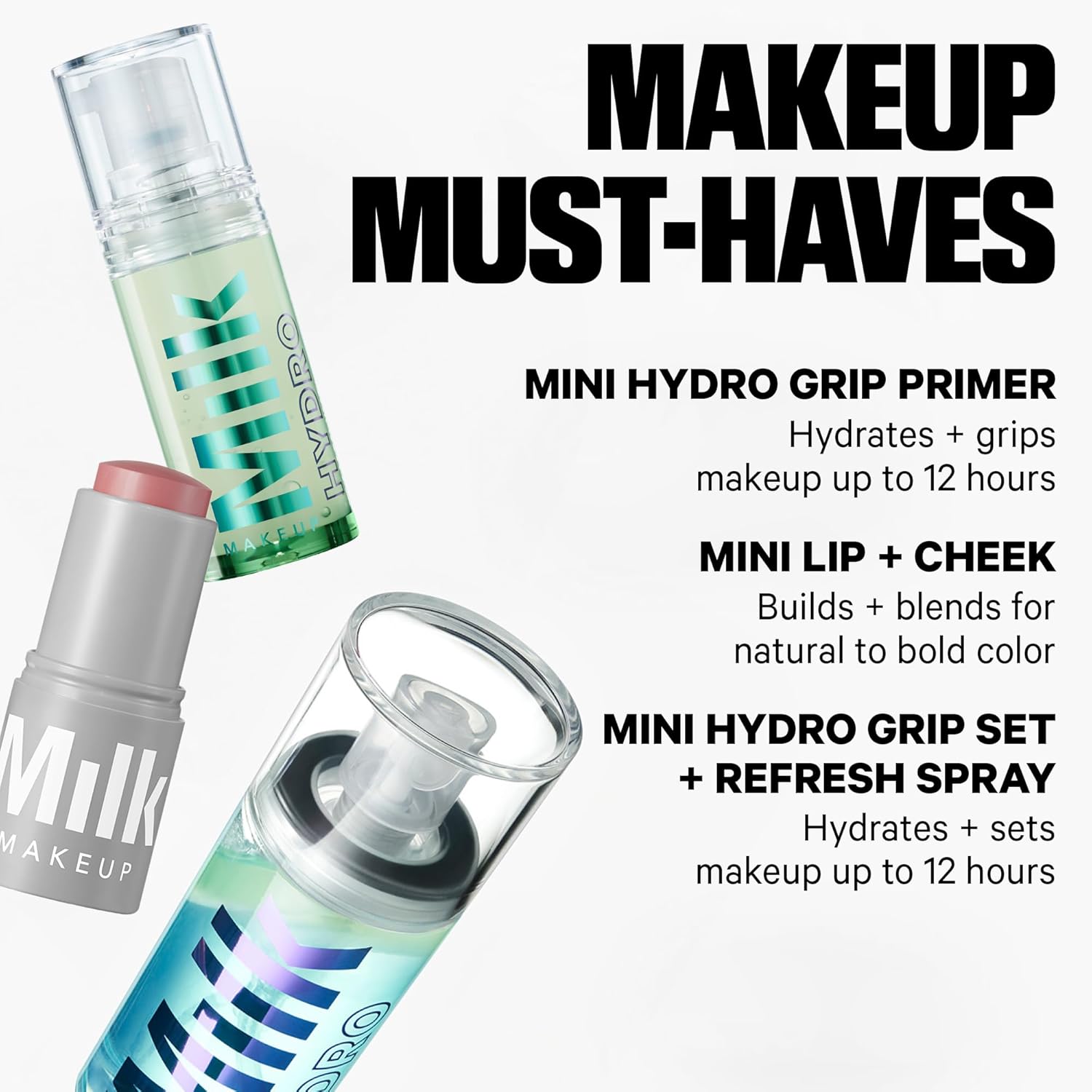 Milk Makeup Mini Must-Haves Set – Includes 12HR Hydrating Face Primer (.33oz) + 12HR Setting Spray for Gripping Makeup (1.69oz) and Multi-Use Cream Blush Stick + Lip Color in Werk (Dusty Rose, 0.10oz)