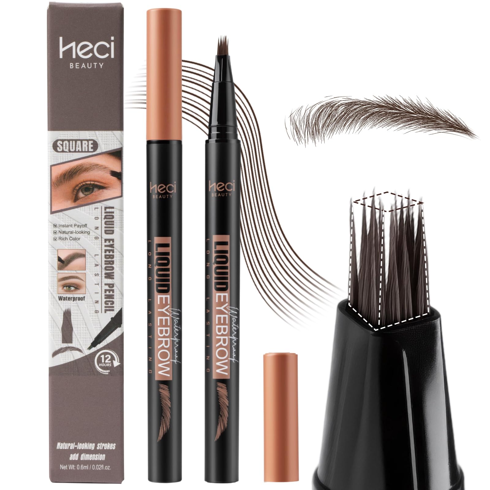 HECI BEAUTY Microblading Eyebrow Pencil - Waterproof Hair Stroke Brush with 3D Fiber Technology | 24HR Smudge-Proof | Natural Looking Brows Filler | Easy Apply & Gifts for Women, Brown