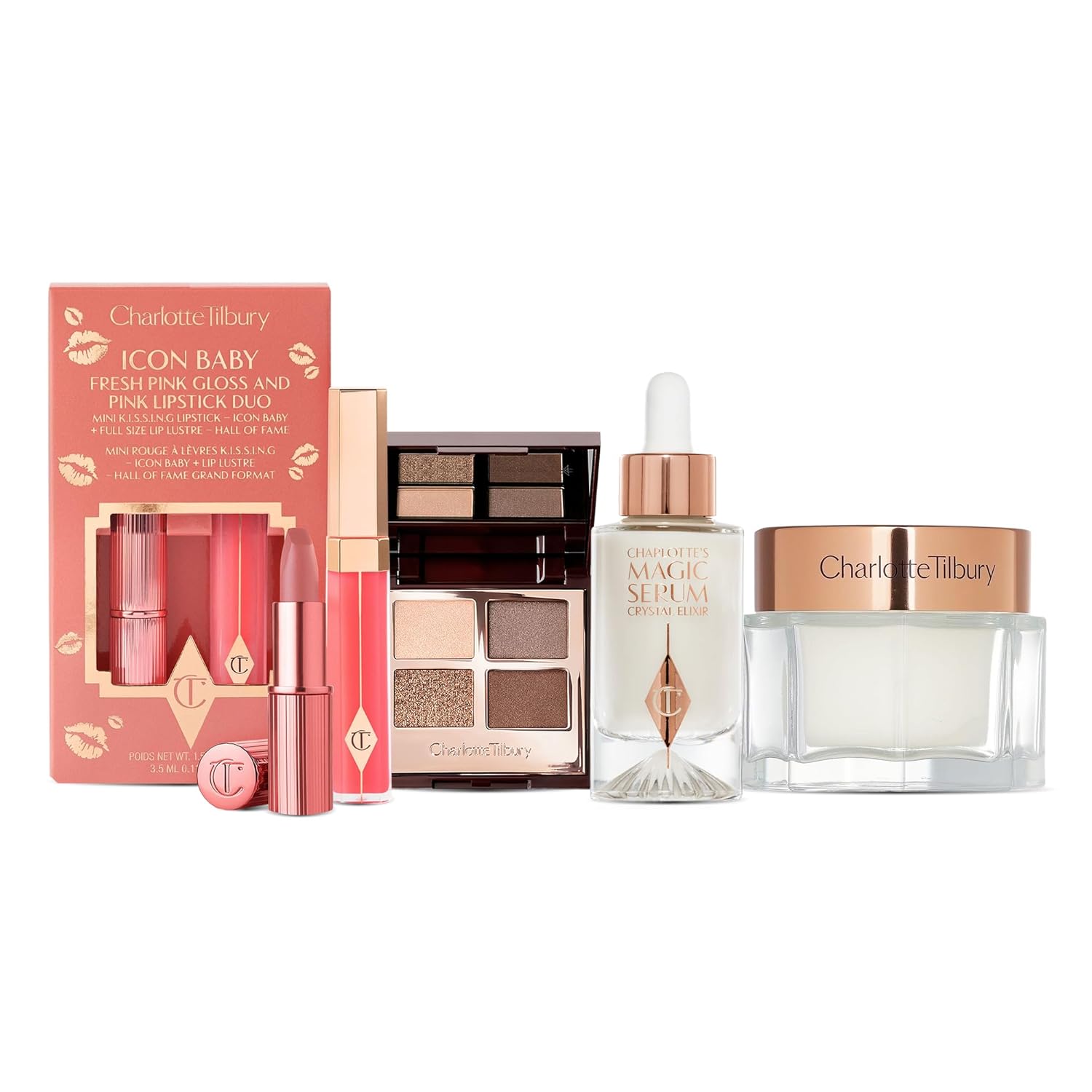 Charlotte Tilbury Holiday Beauty Set - Full-Size Charlotte's Magic Cream & Magic Serum, Golden Goddess Eyeshadow Quad & Icon Baby Lip Duo - Complete Skincare Makeup Gift Collection for a Radiant Glow