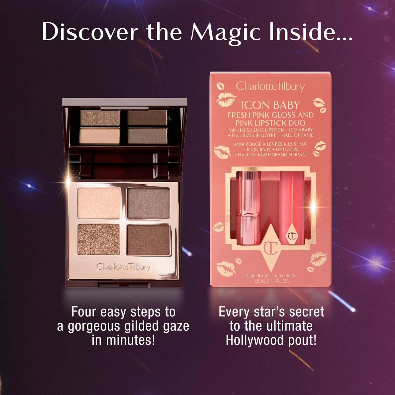 Charlotte Tilbury Holiday Beauty Set - Full-Size Charlotte's Magic Cream & Magic Serum, Golden Goddess Eyeshadow Quad & Icon Baby Lip Duo - Complete Skincare Makeup Gift Collection for a Radiant Glow